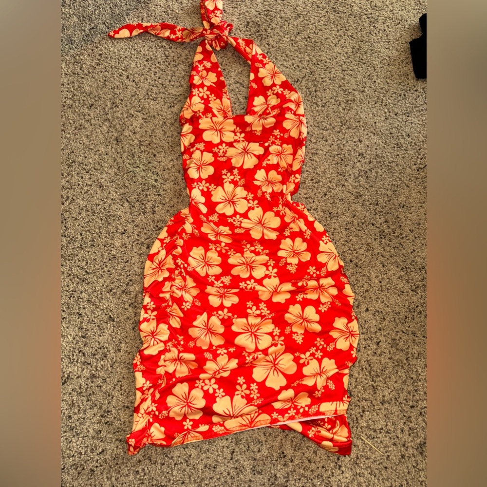 Orange Tropical Floral Print Mini Dress 🌺🌴🍹